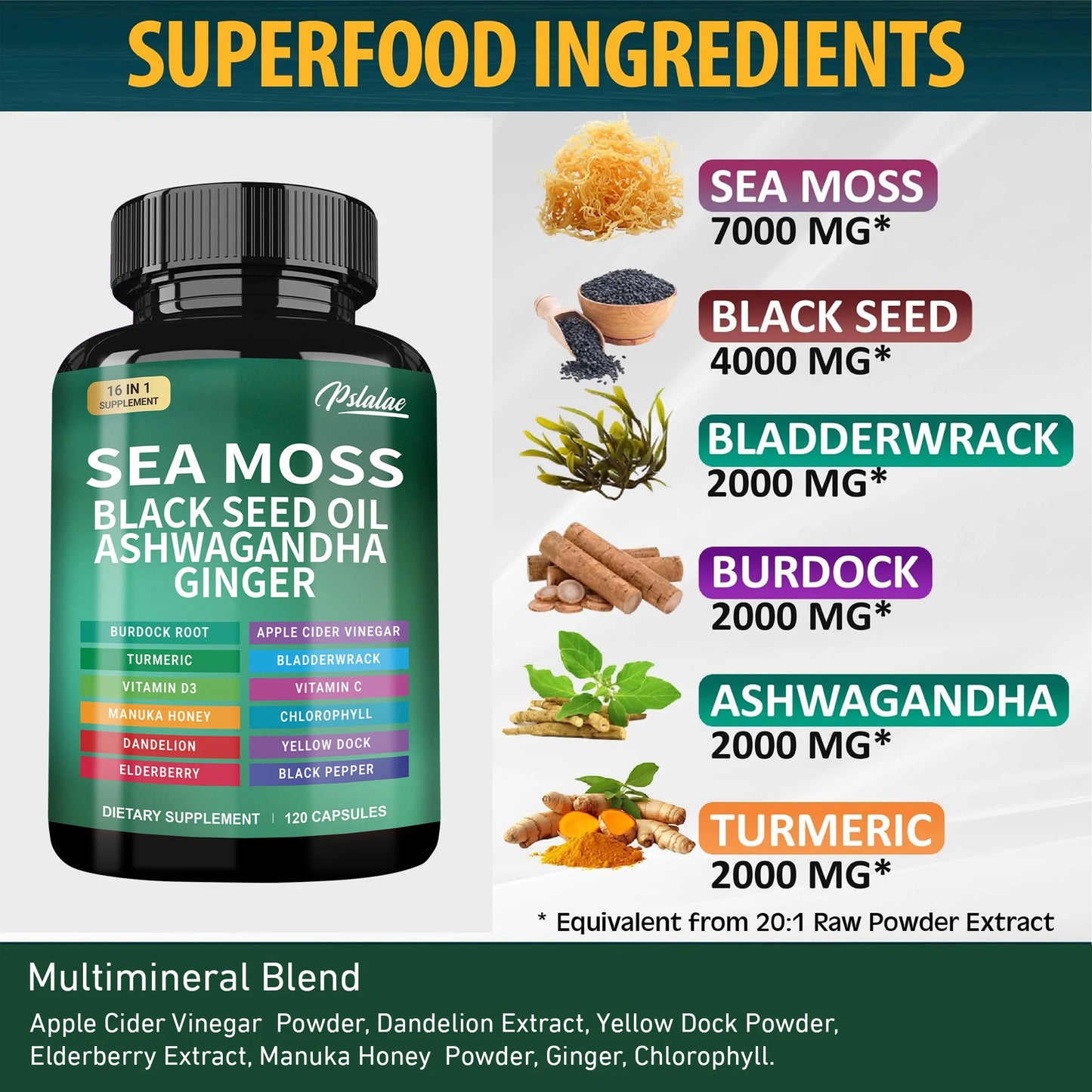 Sea Moss + Black Seed Oil + Ashwagandha + Ginger – Immune & Energy Support (120 Ct)