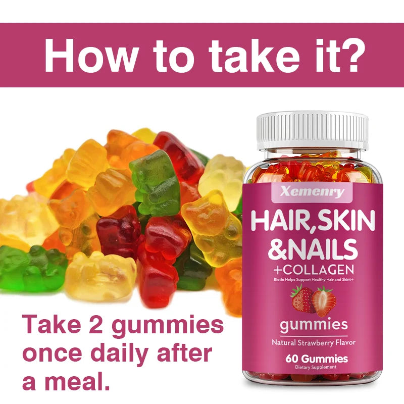 Hair, Skin & Nails Gummies with Collagen – Beauty & Joint Support (60 Ct)