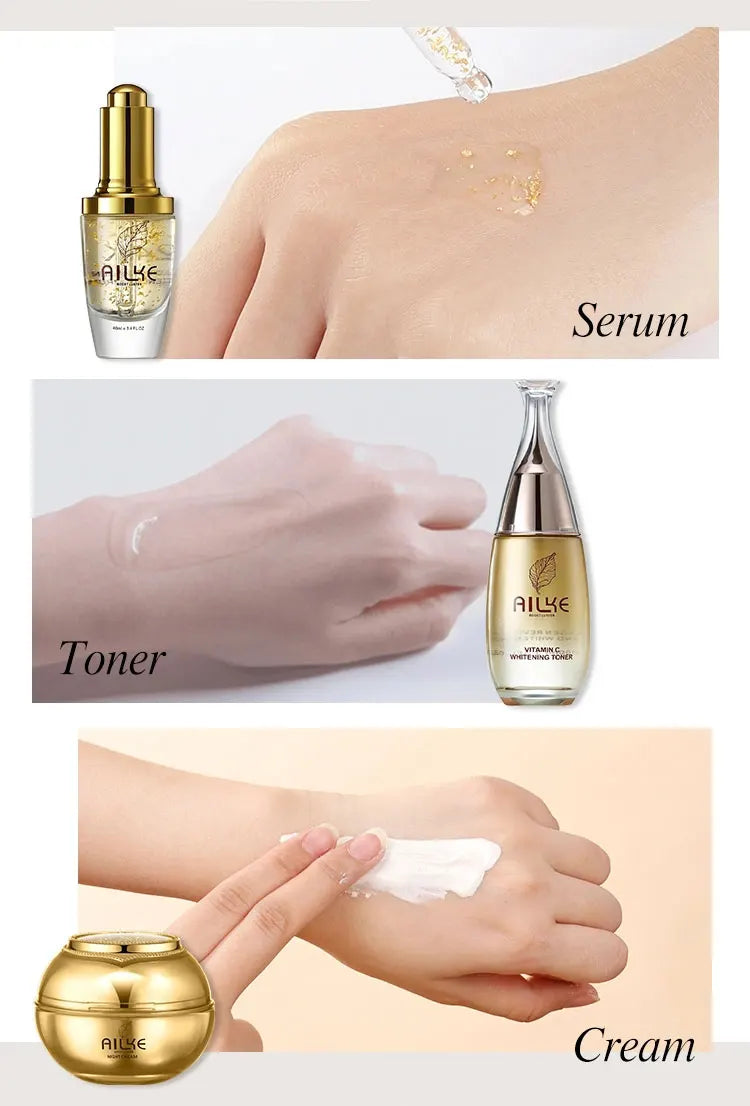 AILKE 24K Gold Skincare Set – Essence, Toner & Cream