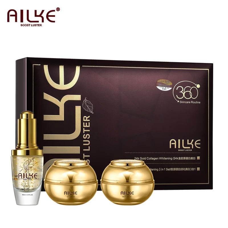 AILKE 24K Gold Skincare Set – Essence, Toner & Cream