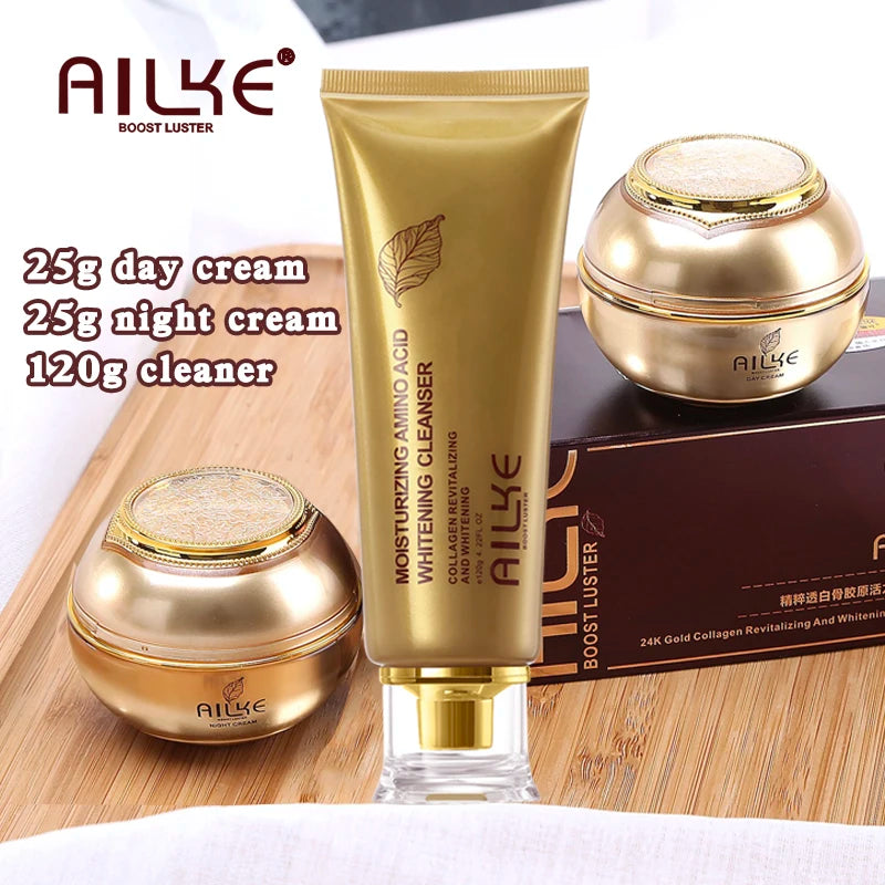 AILKE 24K Gold Skincare Set – Essence, Toner & Cream