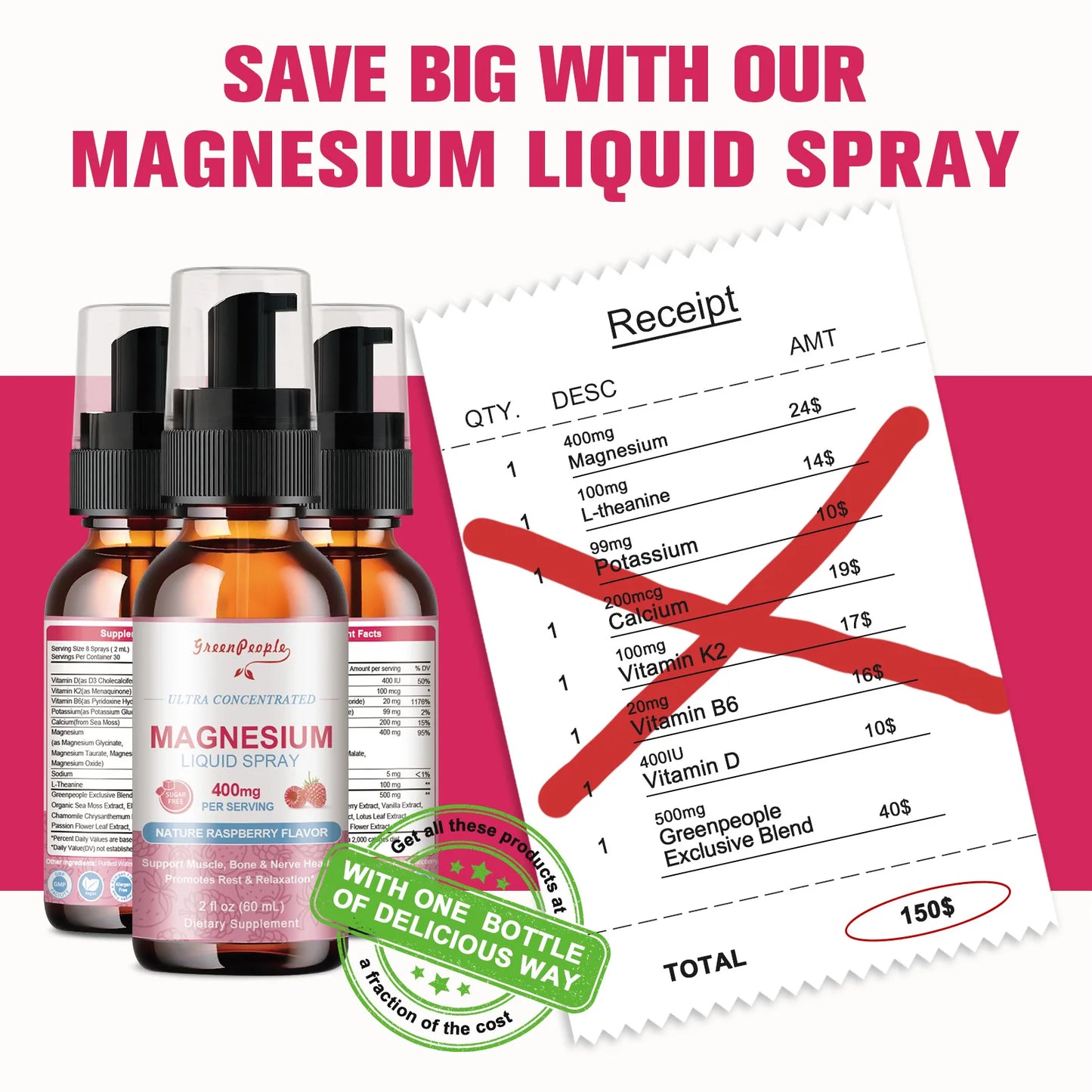 Magnesium Glycinate Liquid – 400mg with B6, C, D & Zinc