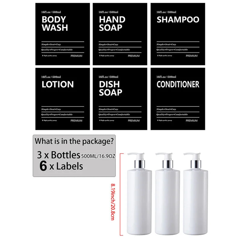3PCS Bathroom Soap & Shampoo Dispenser – 500ml Labels