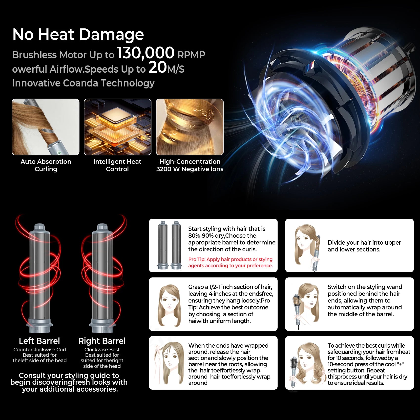 Professional 5 in 1 Hair Styler Hot Air Pick Electric Comb Hot Air Brush Hair Multi Style Airbrush Automatic Curling Iron