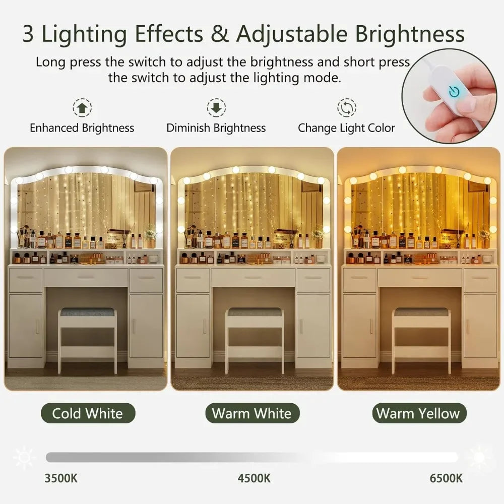 Makeup Vanity Table with LED Lights & Storage Cabinets – White