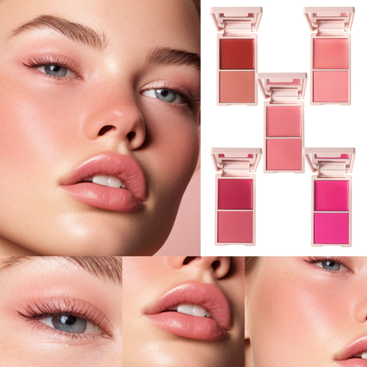 2in1 Spring Pink Blush Matte Dewy Rosy Blush Makeup Pan Long Wearing High Pigment Orange Red Cream & Powder Blush Palette