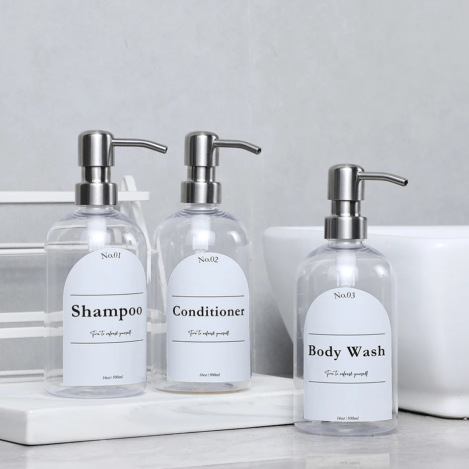 Clear Shampoo & Body Wash Dispenser Set – Stainless Pump