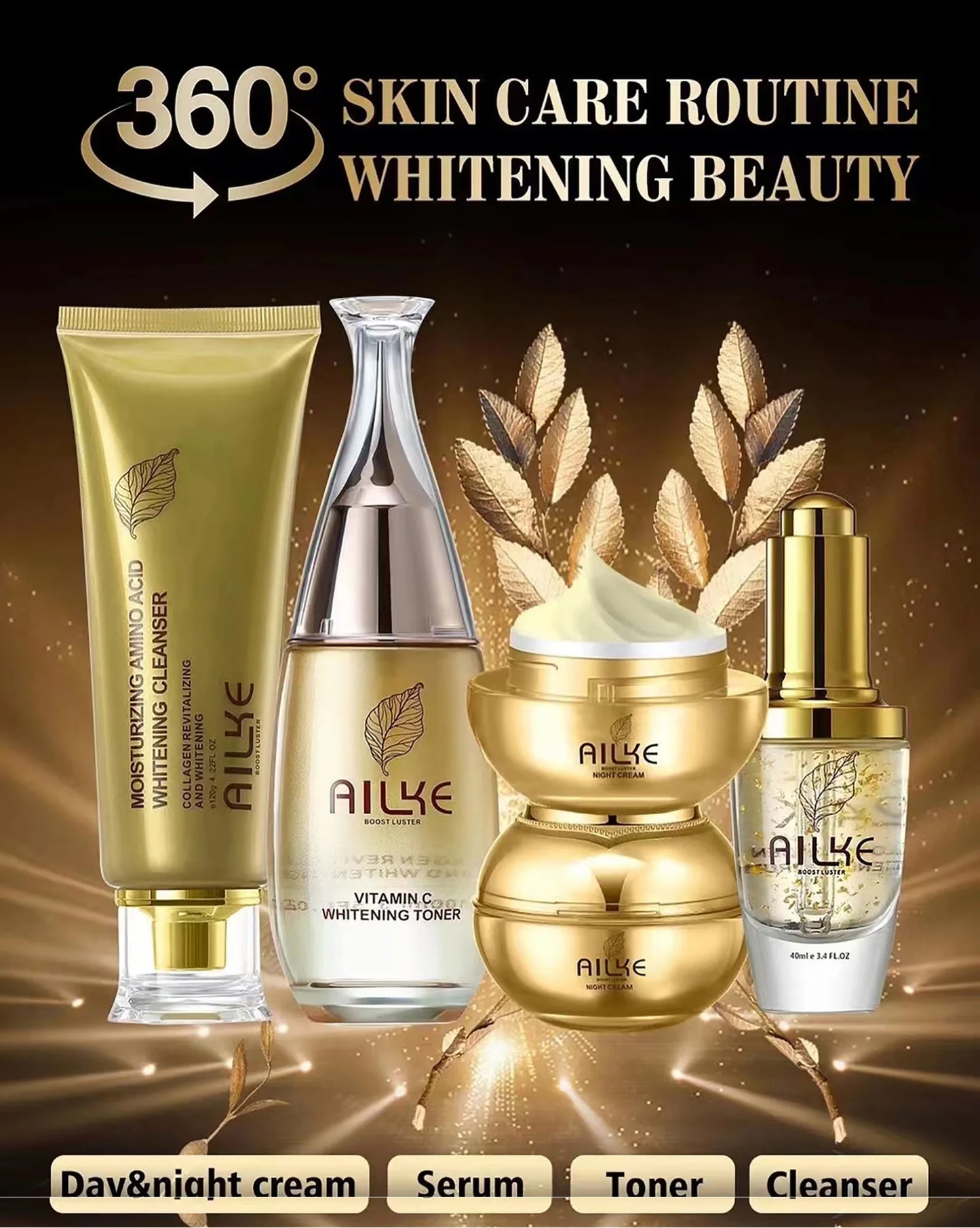 AILKE 24K Gold Skincare Set – Essence, Toner & Cream