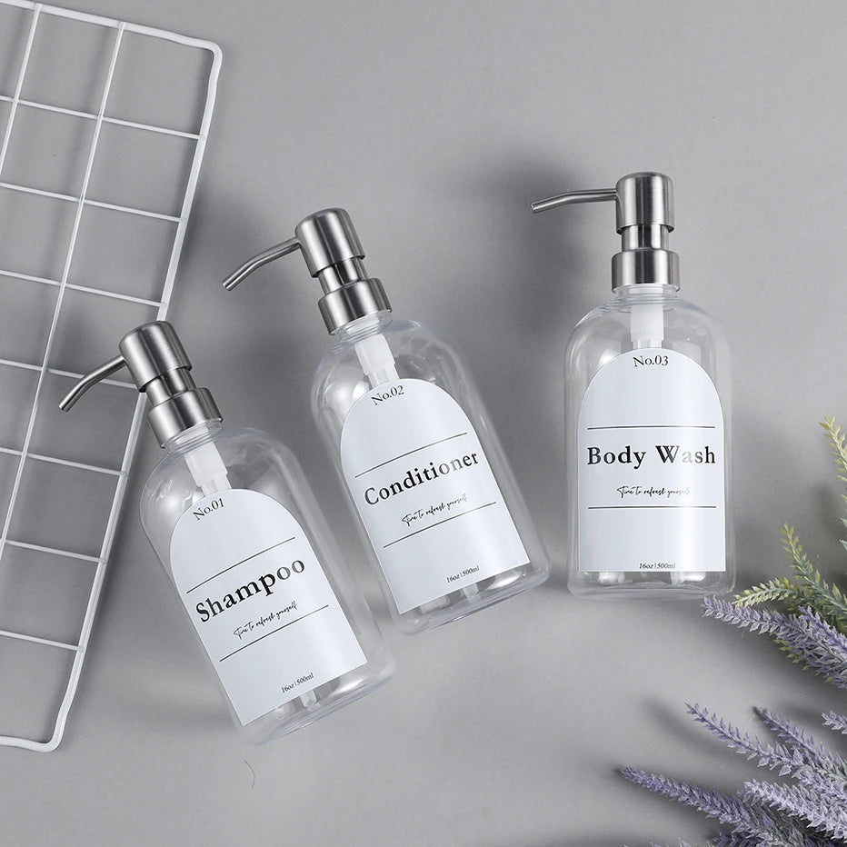 Clear Shampoo & Body Wash Dispenser Set – Stainless Pump