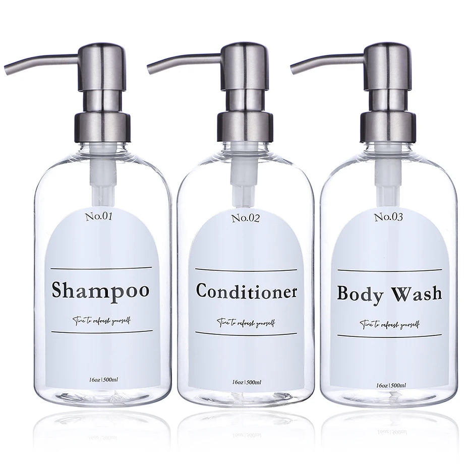Clear Shampoo & Body Wash Dispenser Set – Stainless Pump