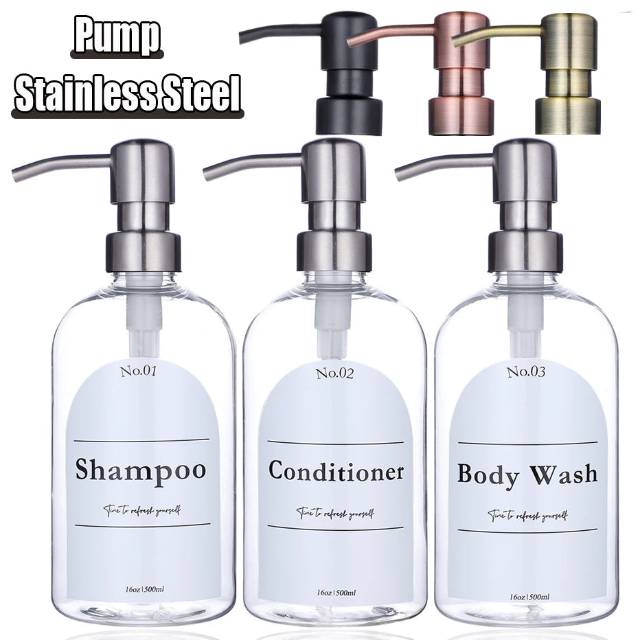 Clear Shampoo & Body Wash Dispenser Set – Stainless Pump
