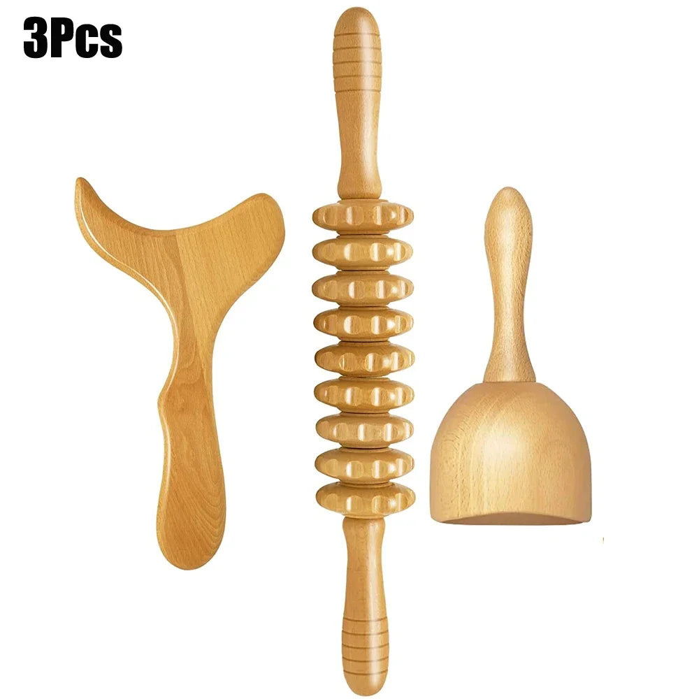 Wooden Therapy Massage Tools – Anti-Cellulite Gua Sha Roller & Cup Set