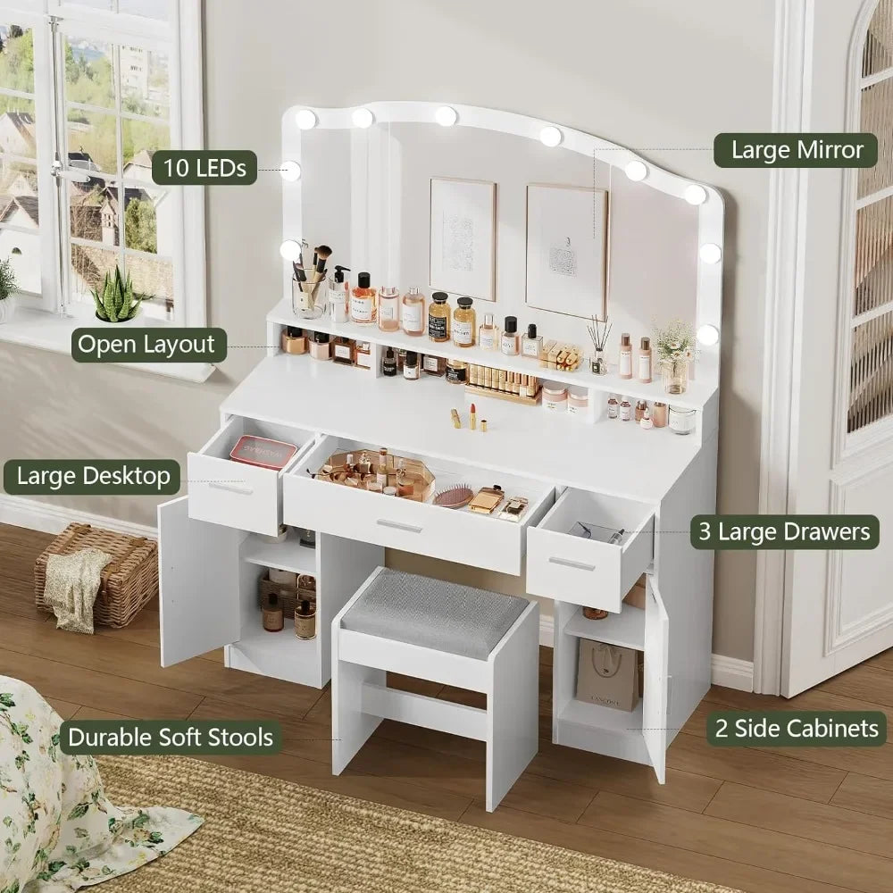 Makeup Vanity Table with LED Lights & Storage Cabinets – White