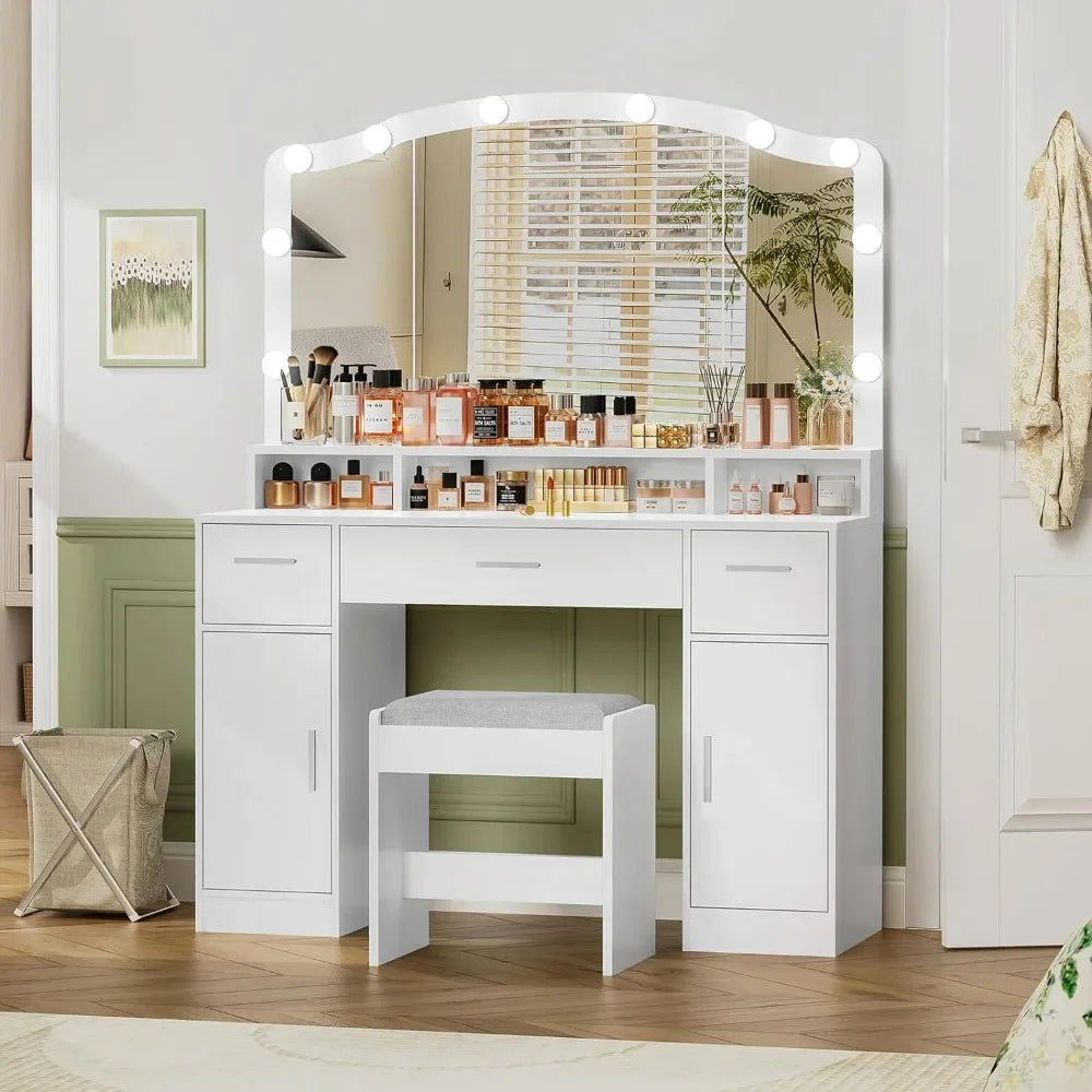 Makeup Vanity Table with LED Lights & Storage Cabinets – White