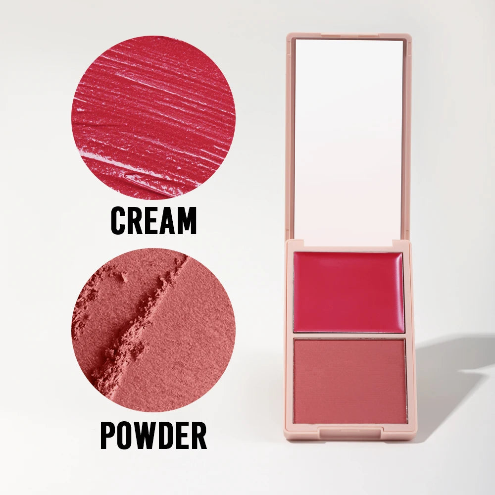 2in1 Spring Pink Blush Matte Dewy Rosy Blush Makeup Pan Long Wearing High Pigment Orange Red Cream & Powder Blush Palette
