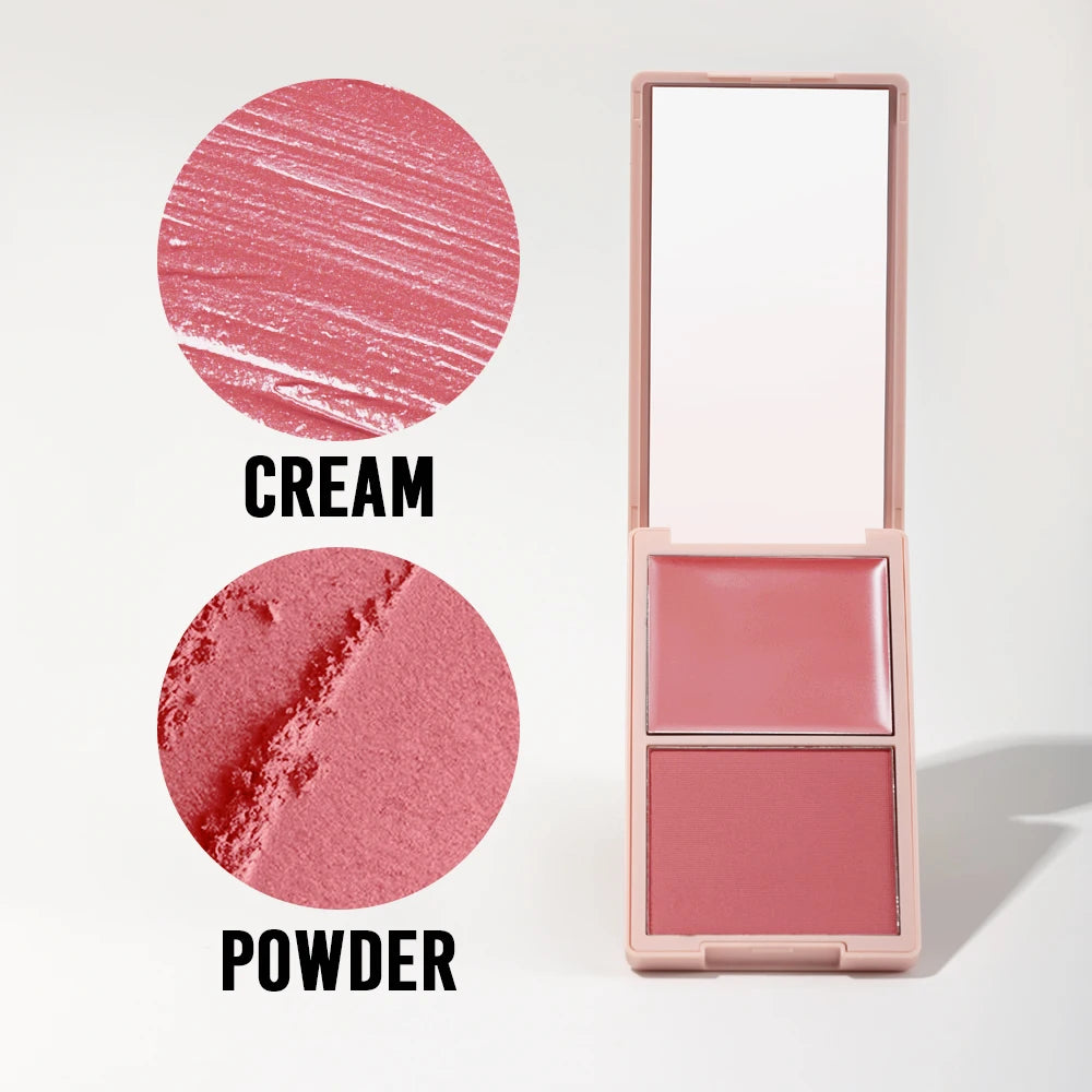 2in1 Spring Pink Blush Matte Dewy Rosy Blush Makeup Pan Long Wearing High Pigment Orange Red Cream & Powder Blush Palette
