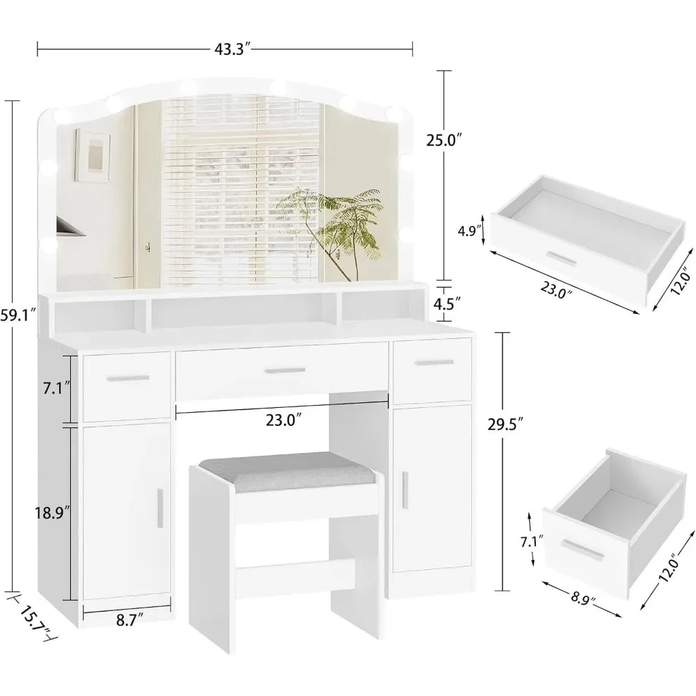 Makeup Vanity Table with LED Lights & Storage Cabinets – White