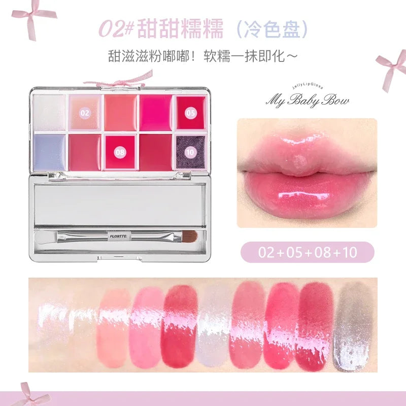 FLORTTE Jelly Lip Gloss Palette – 10-Color Lip Glaze Set
