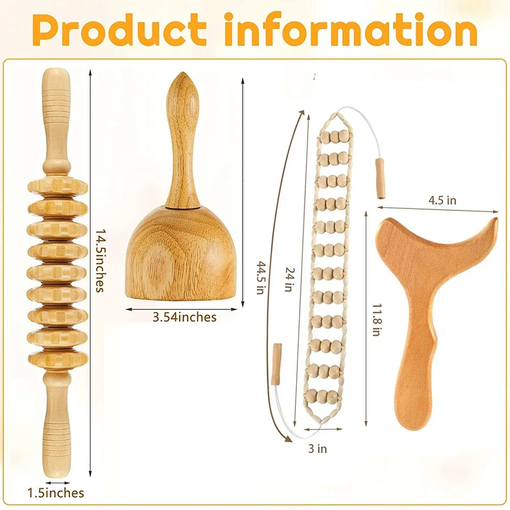Wooden Therapy Massage Tools – Anti-Cellulite Gua Sha Roller & Cup Set