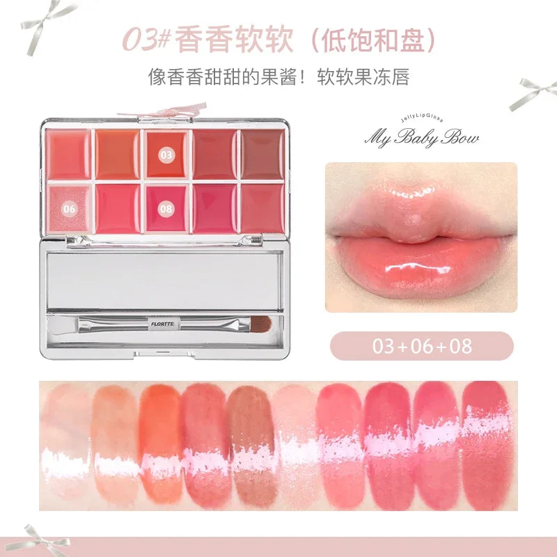 FLORTTE Jelly Lip Gloss Palette – 10-Color Lip Glaze Set