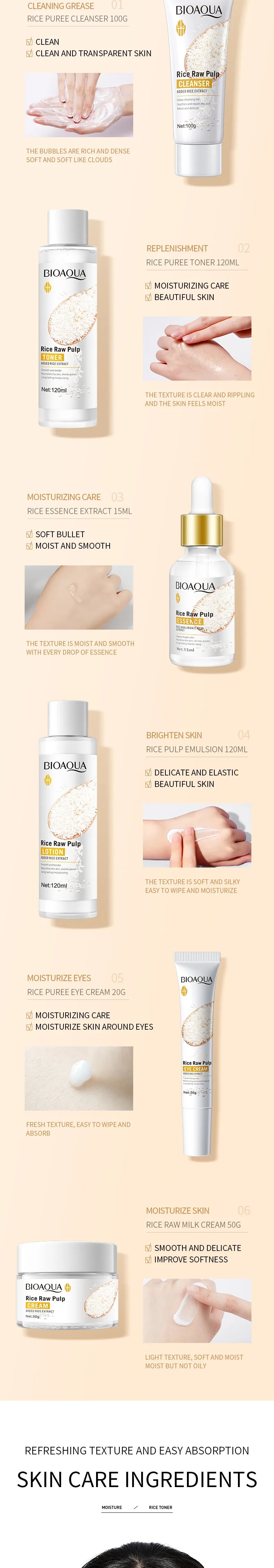 BIOAQUA Rice Skincare Set (6PCS) – Cleanser, Cream, Serum & Toner
