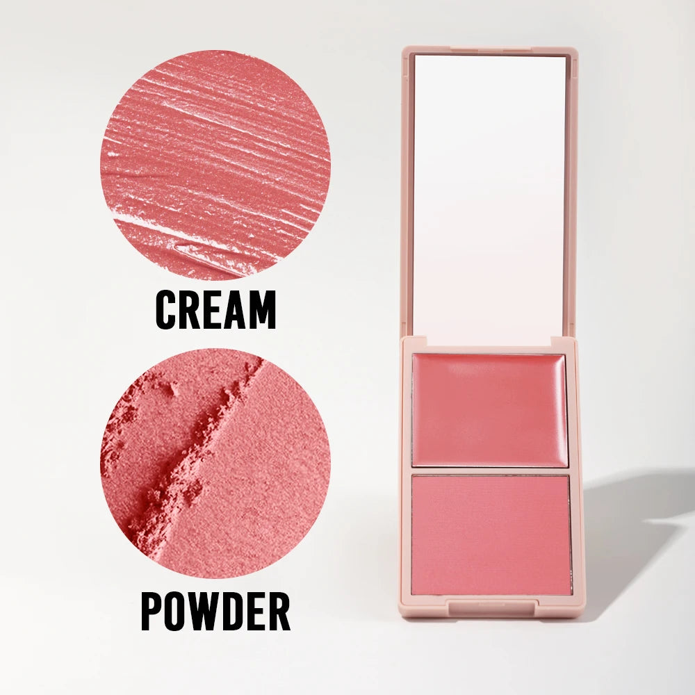 2in1 Spring Pink Blush Matte Dewy Rosy Blush Makeup Pan Long Wearing High Pigment Orange Red Cream & Powder Blush Palette