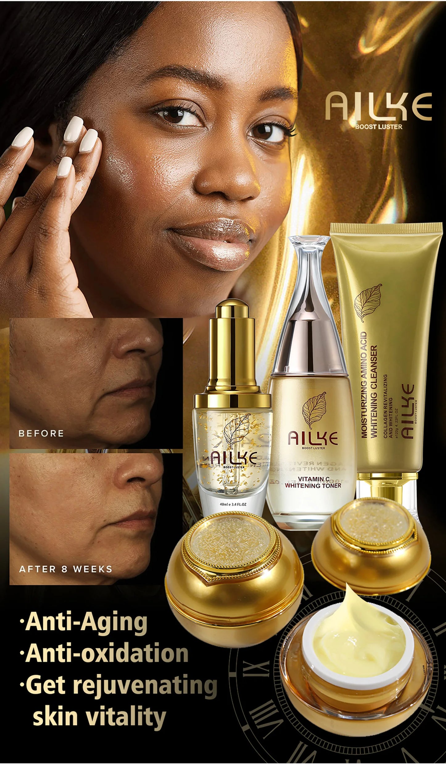 AILKE 24K Gold Skincare Set – Essence, Toner & Cream