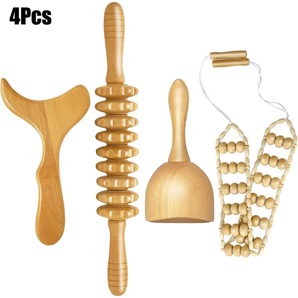 Wooden Therapy Massage Tools – Anti-Cellulite Gua Sha Roller & Cup Set