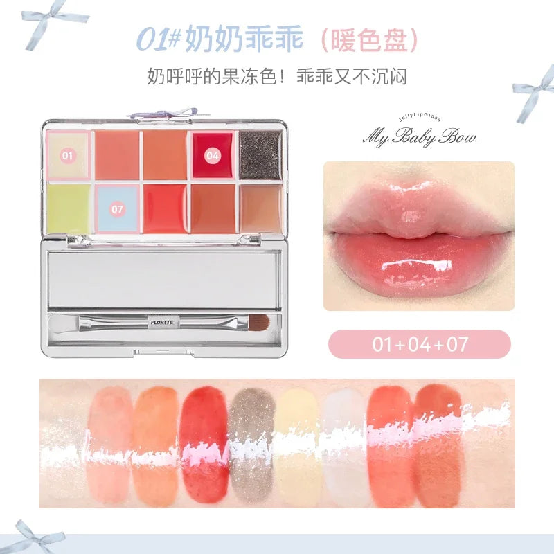 FLORTTE Jelly Lip Gloss Palette – 10-Color Lip Glaze Set