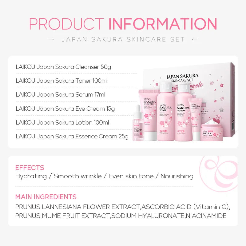 LAIKOU Sakura Skincare Kit – Cleanser, Creams, Toner & Serum