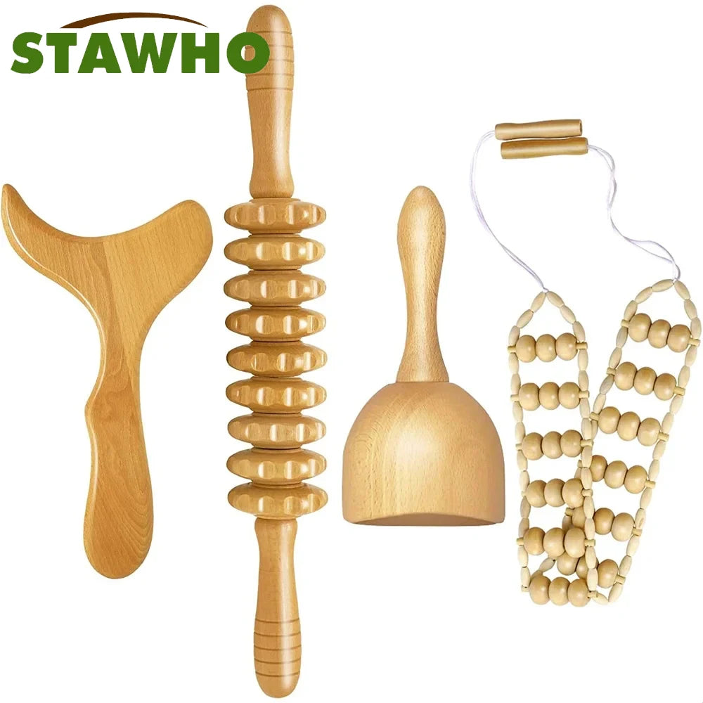 Wooden Therapy Massage Tools – Anti-Cellulite Gua Sha Roller & Cup Set
