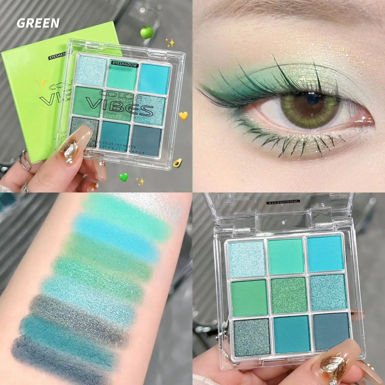 9-Color Glitter Eyeshadow Palette – Avocado Green Matte & Shimmer