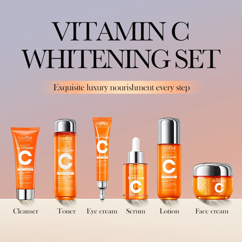 SADOER Vitamin C Skincare Set – 6pcs Cream, Serum & Cleanser