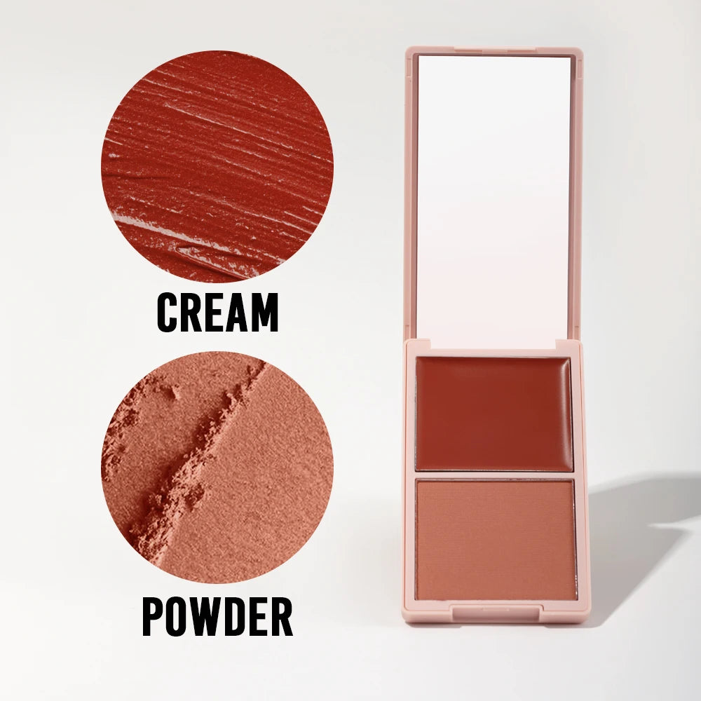 2in1 Spring Pink Blush Matte Dewy Rosy Blush Makeup Pan Long Wearing High Pigment Orange Red Cream & Powder Blush Palette