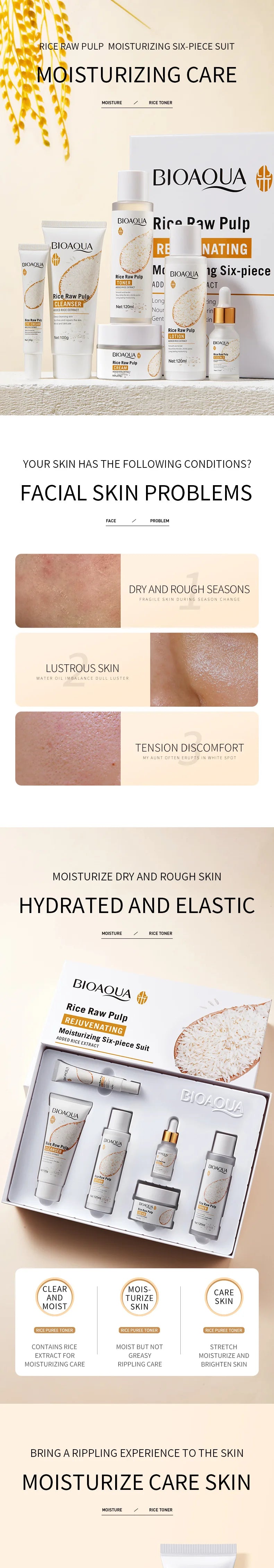 BIOAQUA Rice Skincare Set (6PCS) – Cleanser, Cream, Serum & Toner