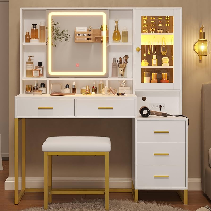 Luxury Boudoir Vanity with Bluetooth Mirror Jewellery Storage Tower and Stool