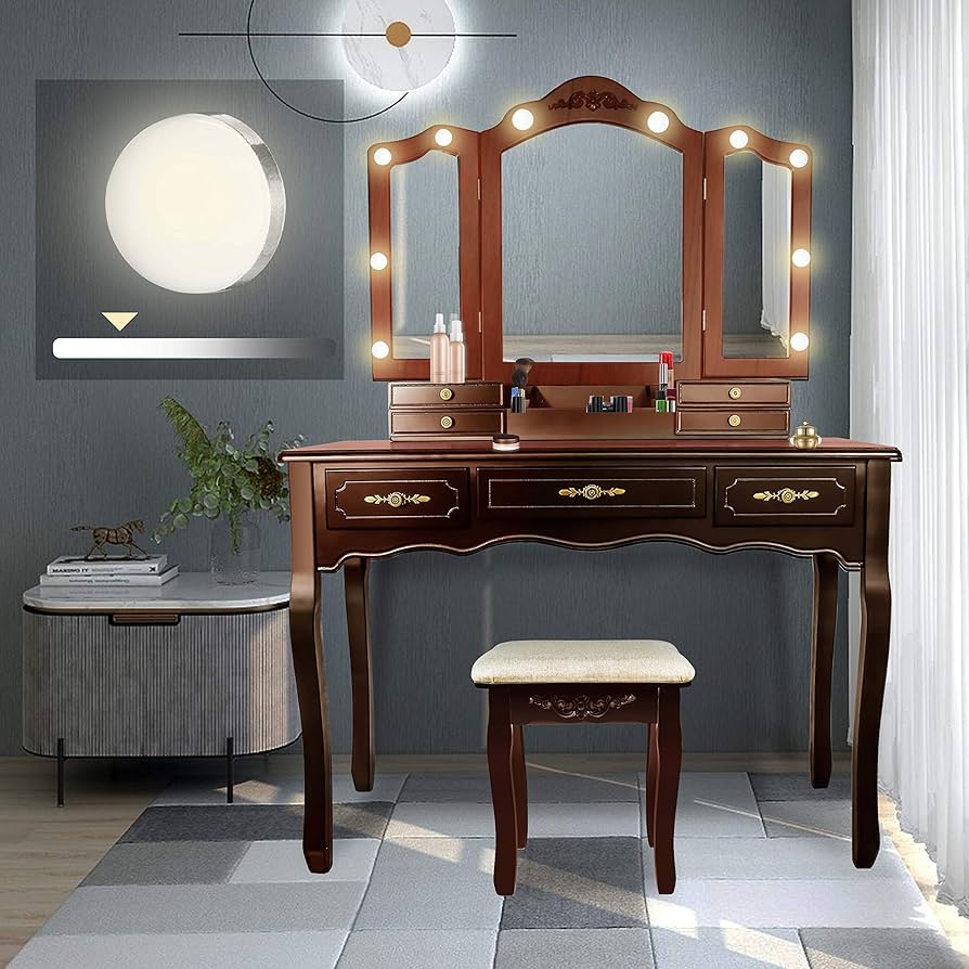 Vintage Glam Hollywood Vanity Set with Full-Length Mirror and Stool