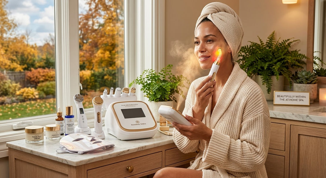 Woman using a facial beauty wand at a spa-inspired vanity with autumn foliage outside.