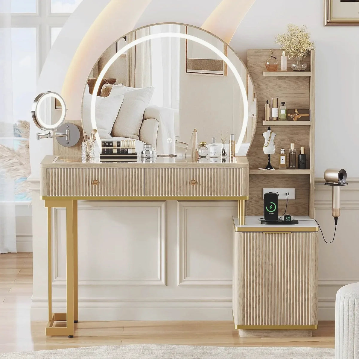 Vanity Desk with Magnifying Mirror & Glass Top — Vanity Furniture, Charging Station, Oak Finish | Beautifully Within
