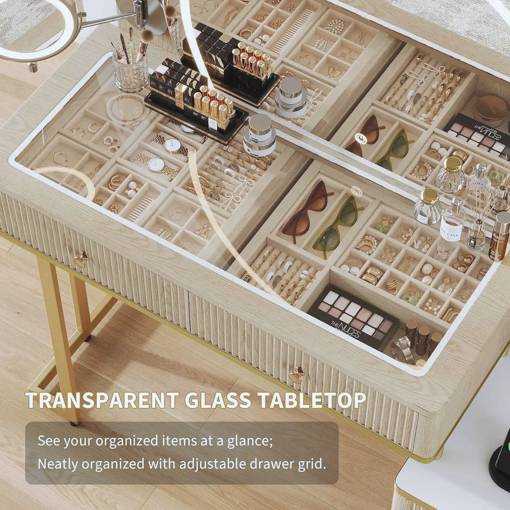 Vanity Desk with Magnifying Mirror & Glass Top — view 6