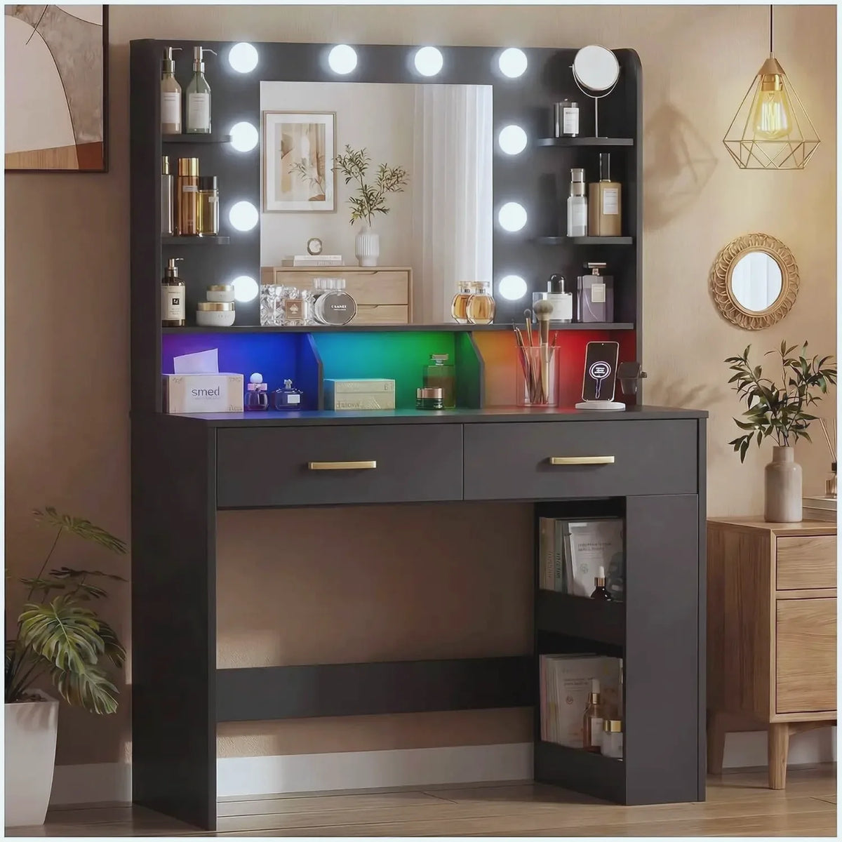 Black Vanity Desk with LED Mirror & Charging Station — This modern vanity desk pairs statement lighting with everyday practicality | Beautifully Within