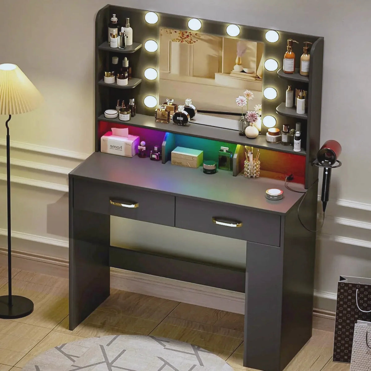 Black Vanity Desk with LED Mirror & Charging Station — view 2