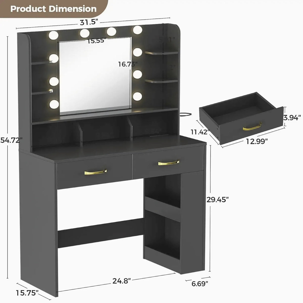 Black Vanity Desk with LED Mirror & Charging Station — view 3
