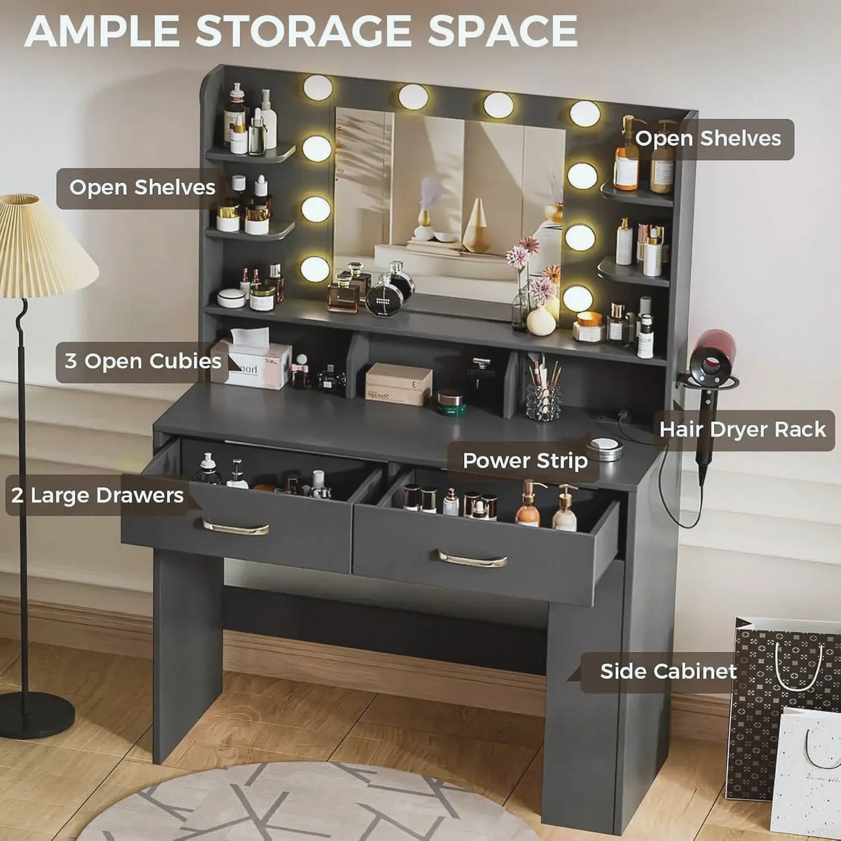 Black Vanity Desk with LED Mirror & Charging Station — view 6