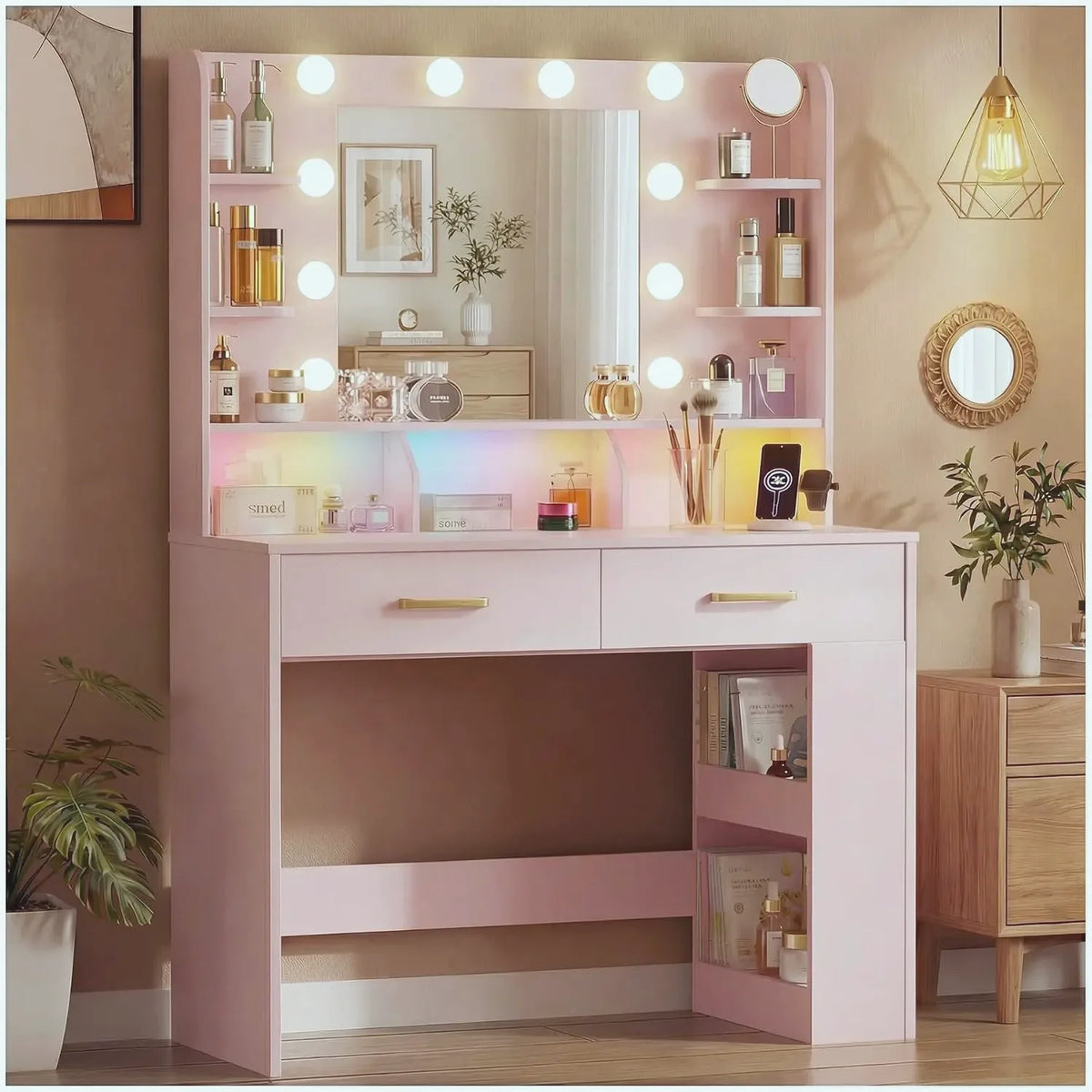 Black Vanity Desk with LED Mirror & Charging Station — view 8