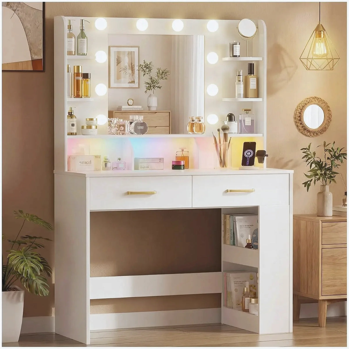Black Vanity Desk with LED Mirror & Charging Station — view 9