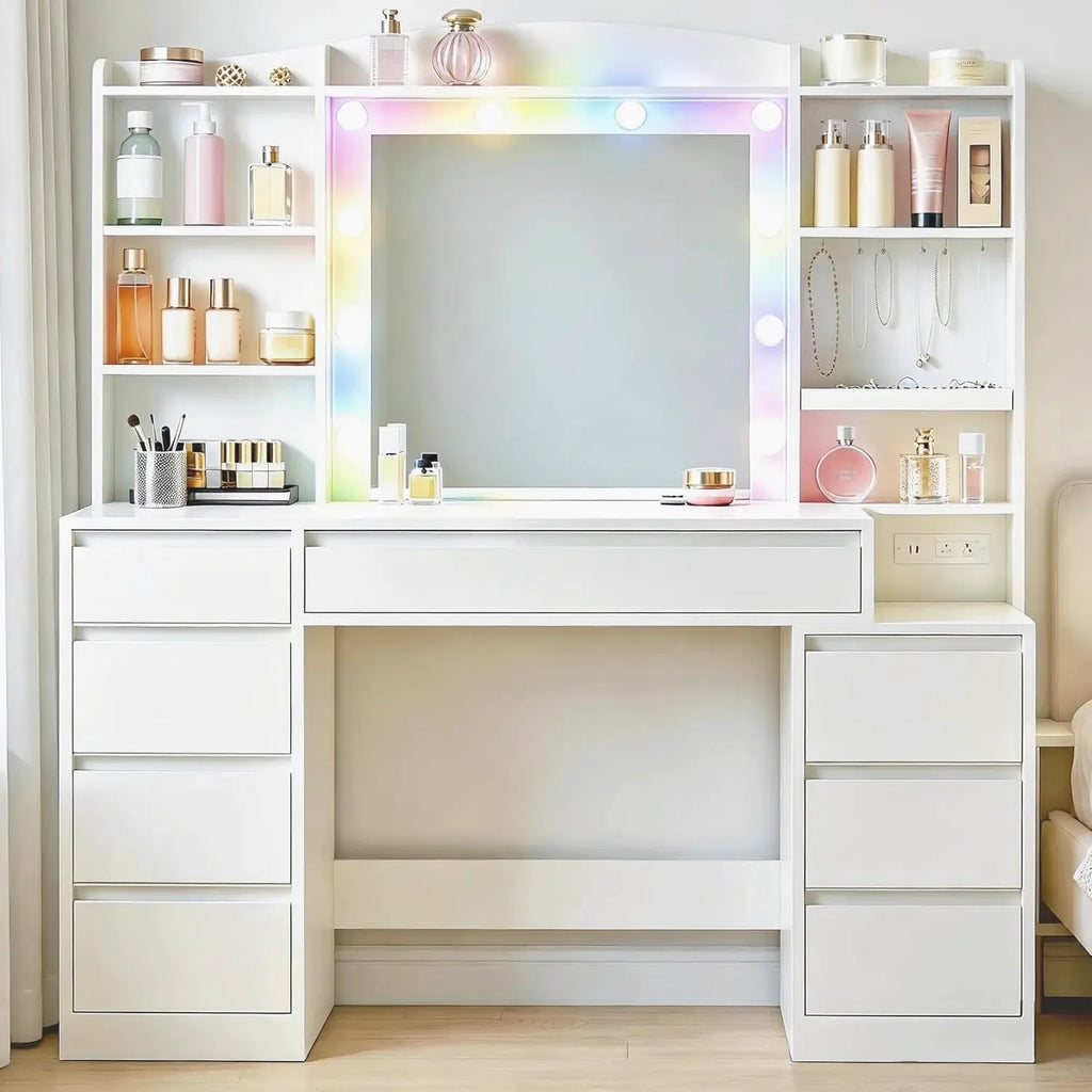 47" LED Vanity Desk with 8 Drawers & Charging Station — Vanity Furniture, Bedroom Vanity, LED Mirror | Beautifully Within