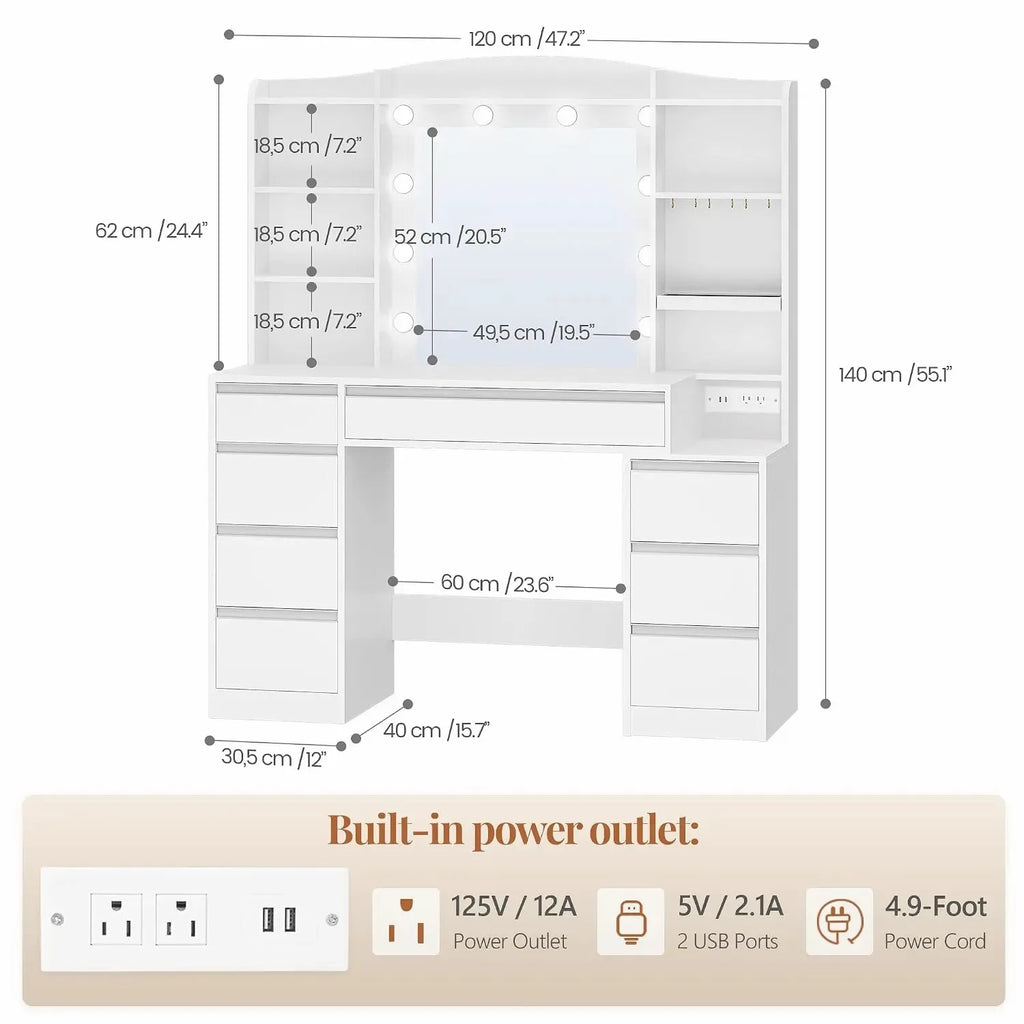 47" LED Vanity Desk with 8 Drawers & Charging Station — view 2