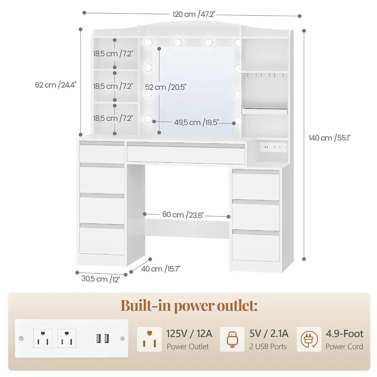 47" LED Vanity Desk with 8 Drawers & Charging Station — view 2