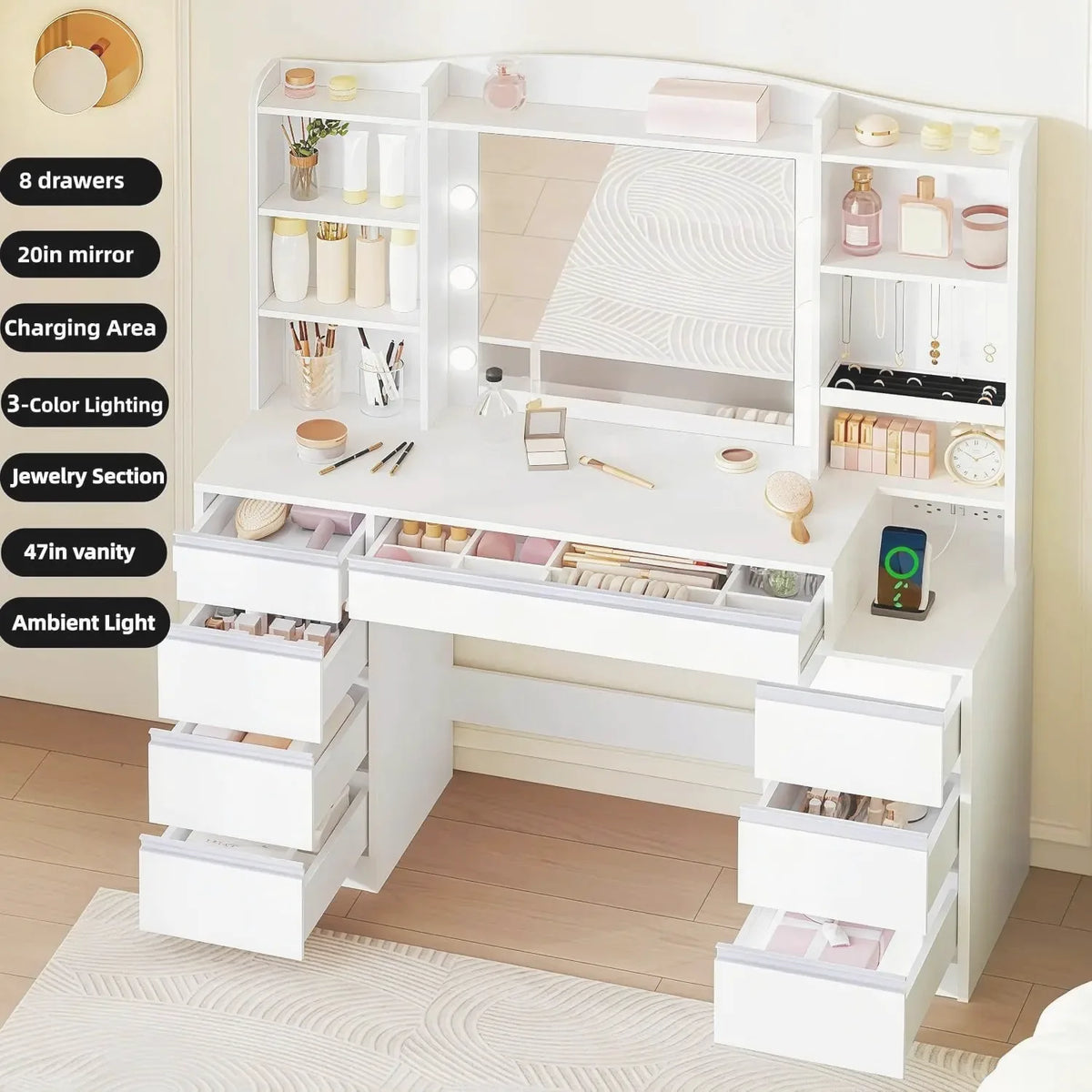 47" LED Vanity Desk with 8 Drawers & Charging Station — view 4